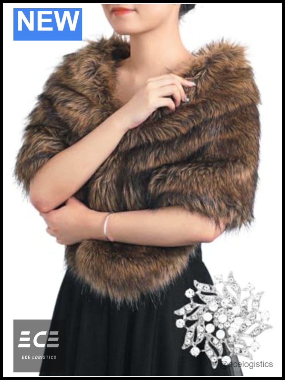 Faux Fur Shawl Wrap Bridal Wedding Stole with Brooch Soft Winter